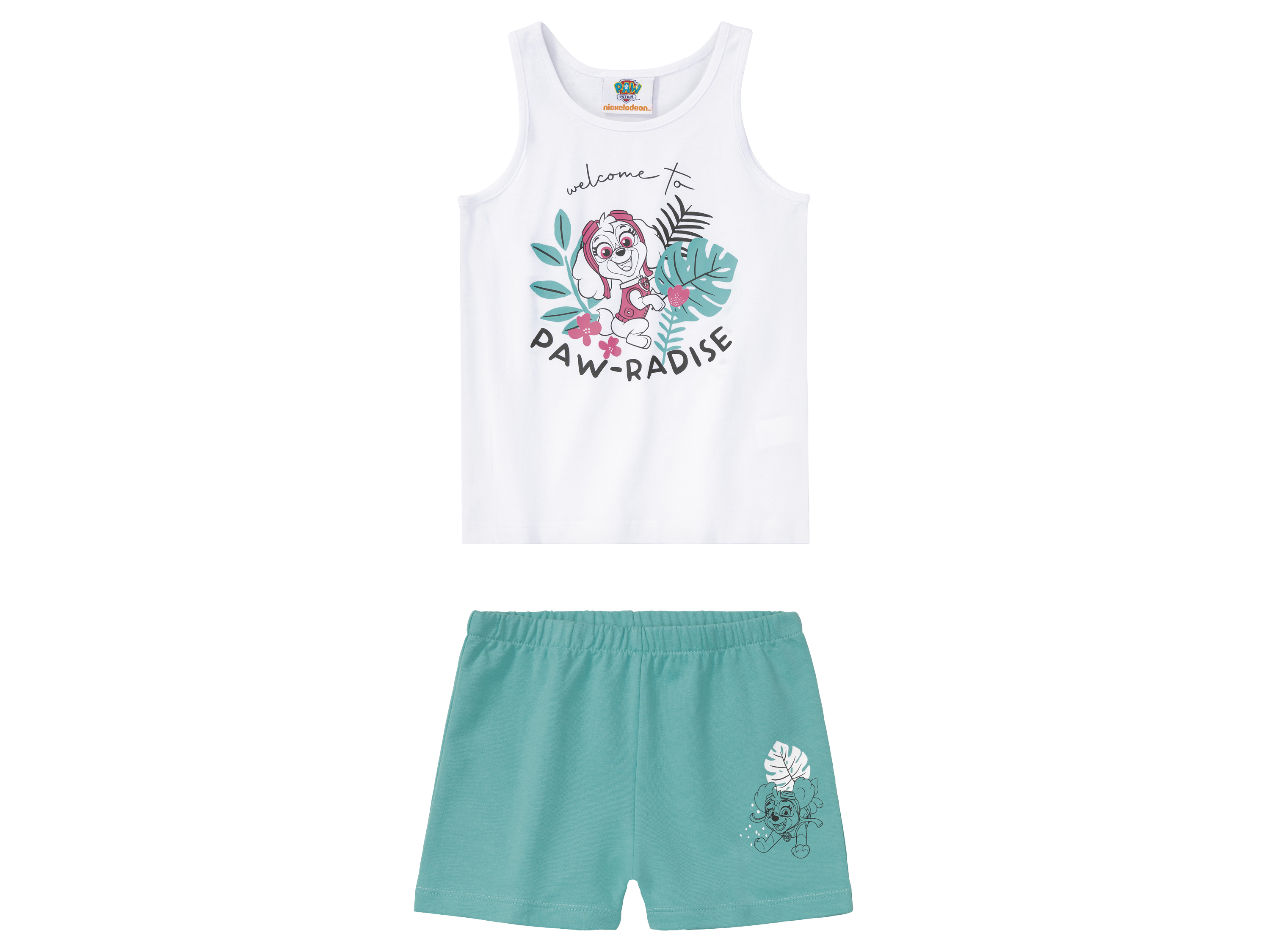 Komplet dziewczęcy z bawełną koszulka + spodenki 134/140, Biały/miętowy