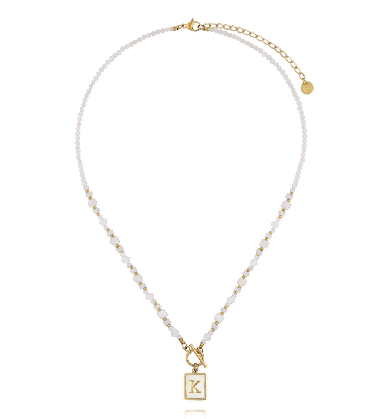 Naszyjnik z kamieni księżycowych i jadeitów z zawieszką z literą K - By Dziubeka