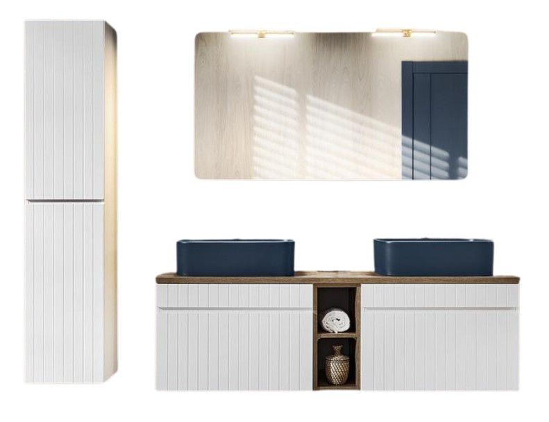 Zestaw mebli łazienkowych 140cm Comad Iconic White z blatem 2 umywalkami nablatowymi Kama szafką wysoką i lustrem 1szt