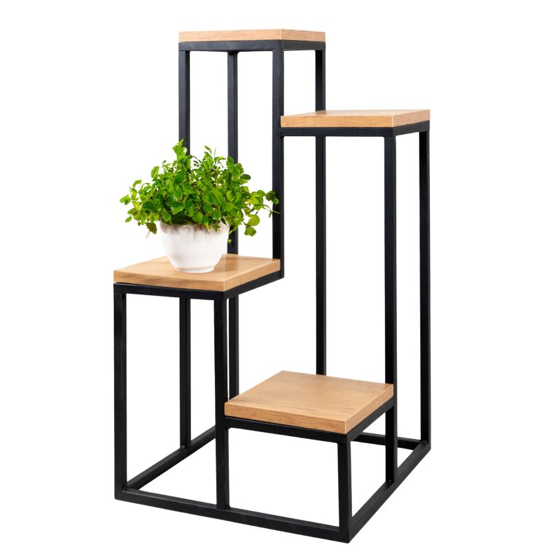 Kwietnik stojący metalowy 4-poziomowy 38x38x70 cm Loft e-floor czarny półka deska laminowana dąb 1 szt