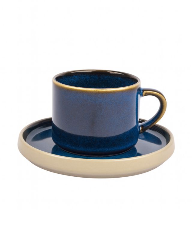 Zestaw filiżanek z podstawkami dla 2os. Tondo Blu Mazovia ceramiczny komplet kawowy, niebieski, głęboki granat, 1kpl.