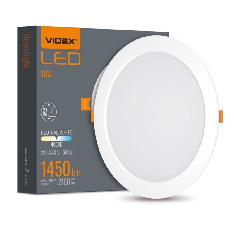 Oprawa sufitowa wpuszczana Videx Downlight biała LED 18W 4000K 2100lm IP20 wym: 22,2 x 22,2 x 2,7 cm okrągła - 1 szt.