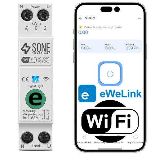 Przekaźnik WiFi Sone 63A Na szynę DIN z pomiarem energii eWeLink 1 szt