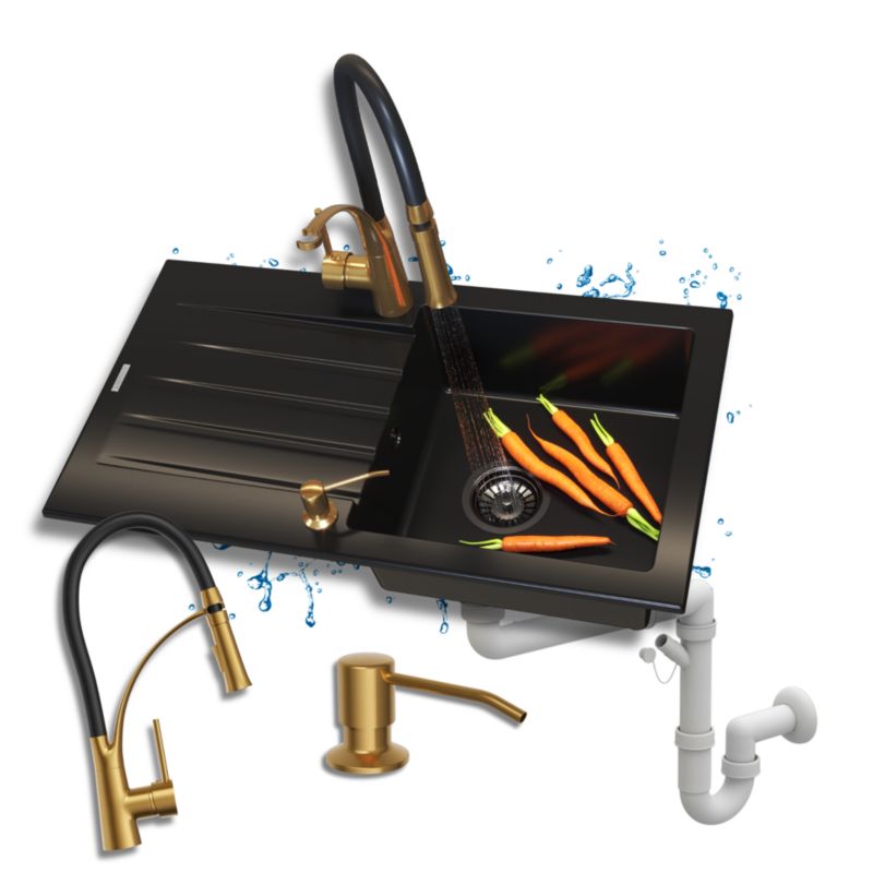 Zlew granitowy jednokomorowy Granitan Melgar czarny Zestaw Bateria Dozownik Syfon 1kpl.