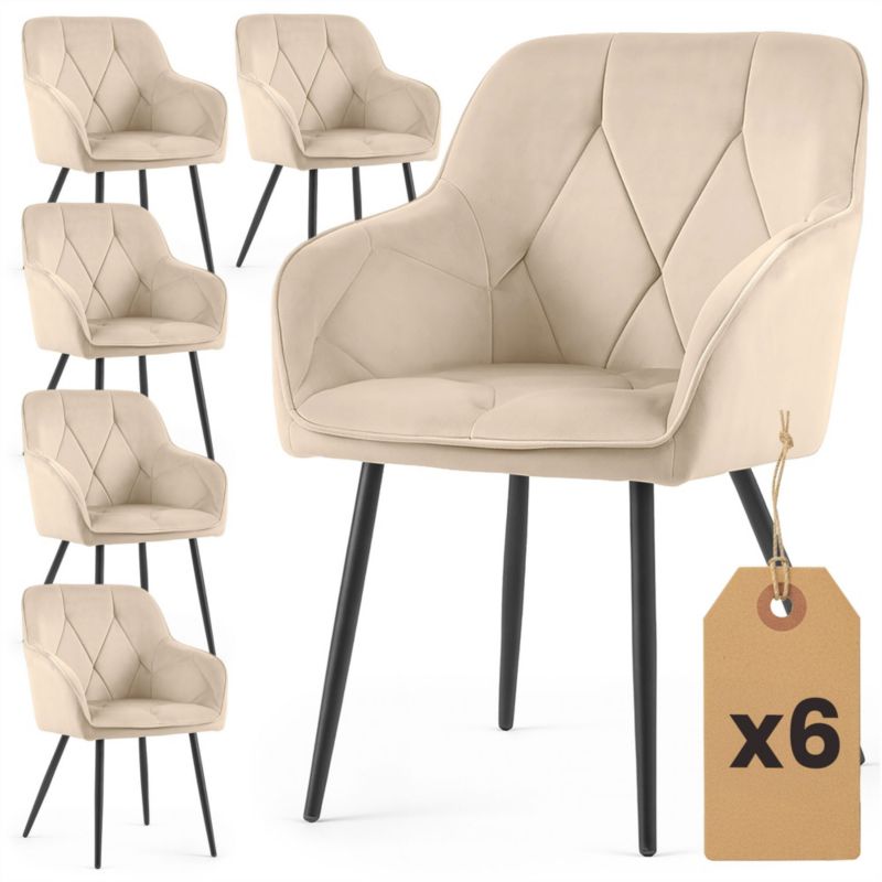 Welurowe krzesło tapicerowane pikowane AKORD Beżowe DIAMANTE Czarne nogi 6 szt.