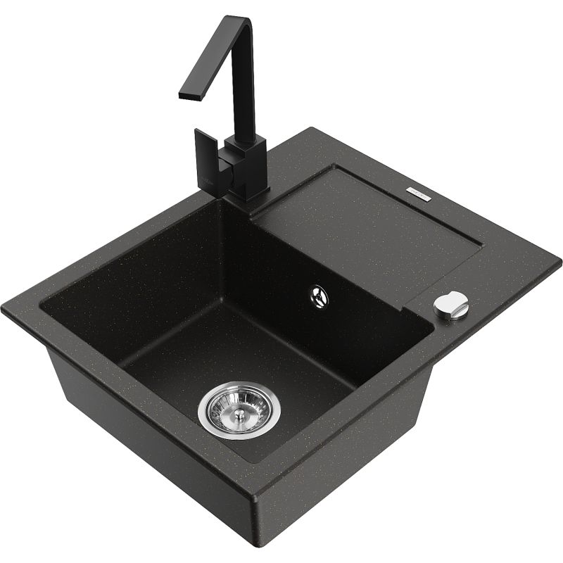 Zlewozmywak granitowy 1-komorowy Mexen Enzo z ociekaczem i baterią Rita czarny/złoty metalik - 6506-75-670300-70-B 1 szt.