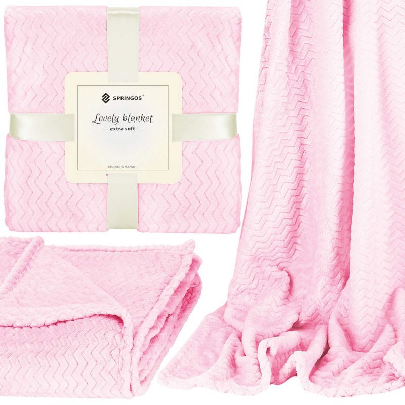 Narzuta na łóżko, pled Springos 160x200 cm tłoczony zygzak dwustronny róż 1 szt.