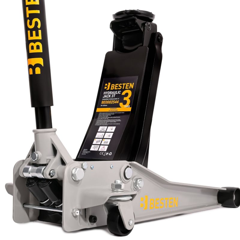 Podnośnik hydrauliczny BESTEN 3T niskoprofilowy 85-520 mm z kółkami i podkładką gumową 1 szt