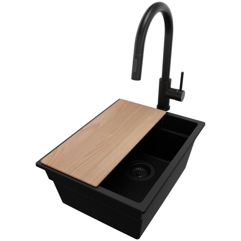 Zlewozmywak Granitowy Praga Slim PRIMAGRAN Nablatowy 36x47cm do szafki od 40cm z Syfonem i Baterią i Dodatkiem Cały Czarny 1 szt.