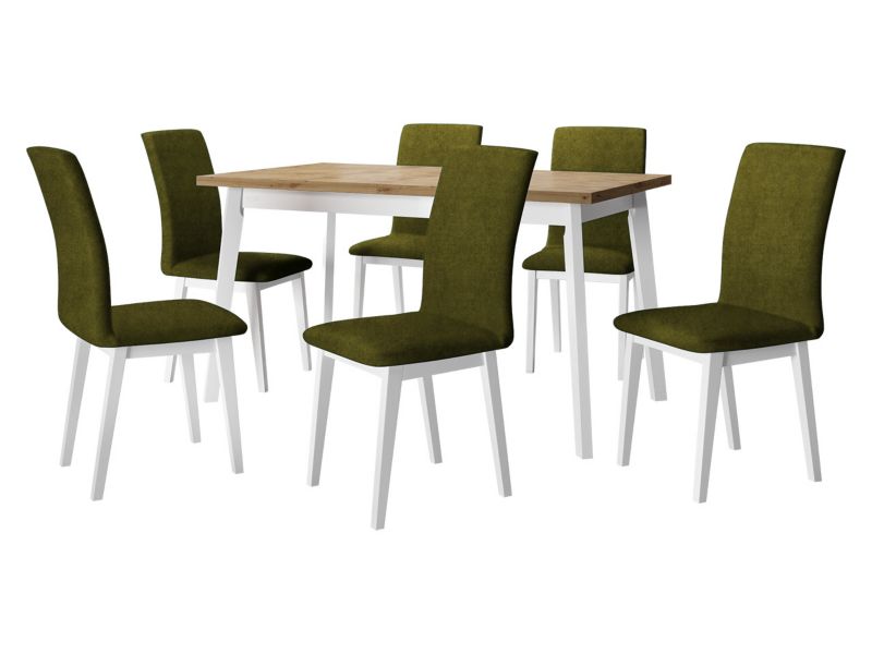 Zestaw DR23 MIRJAN 24 Stół rozkładany Oslo V 80x140/180 + 6 krzeseł Luna 1 dąb artisan + biały + ciemnozielona tapicerka 1 kpl.