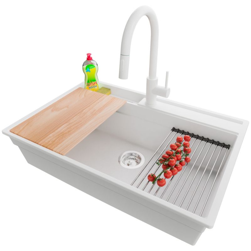 Zlewozmywak Granitowy Oslo Pocket PRIMAGRAN Nablatowy 78x53cm, Biały + Bateria + Syfon + Akcesorium, S406, 1 szt.