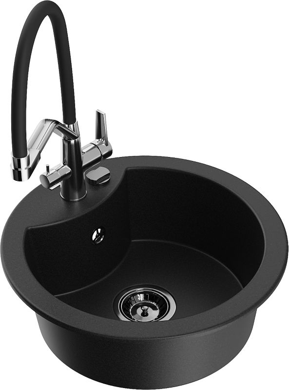 Zlewozmywak granitowy Mexen Diego 1-komorowy z baterią kuchenną Duo czarny 6512-77-671701-07-B