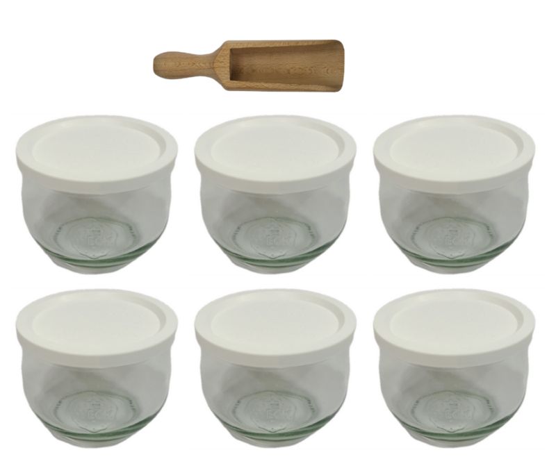 Słoiki MODO24 Weck 370 ml fi 80 tulip plastikowe wieka miarka 6 kpl.