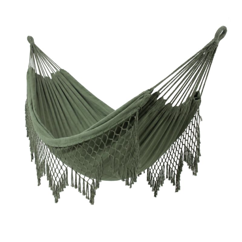 Hamak ogrodowy Be-active.pl dwuosobowy z pokrowcem z frędzlami w stylu boho na zewnątrz do ogrodu wytrzymały duży zielony 1 szt.