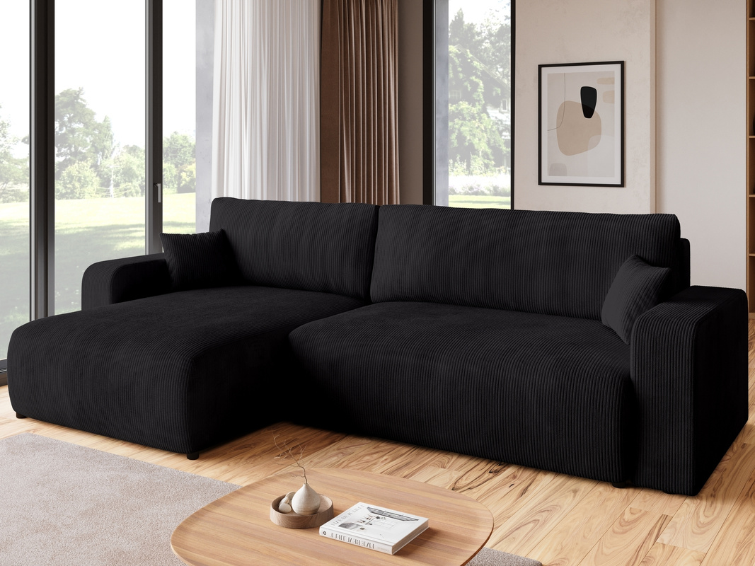 Czarny narożnik sztruksowy z funkcją spania do salonu PUMI XL