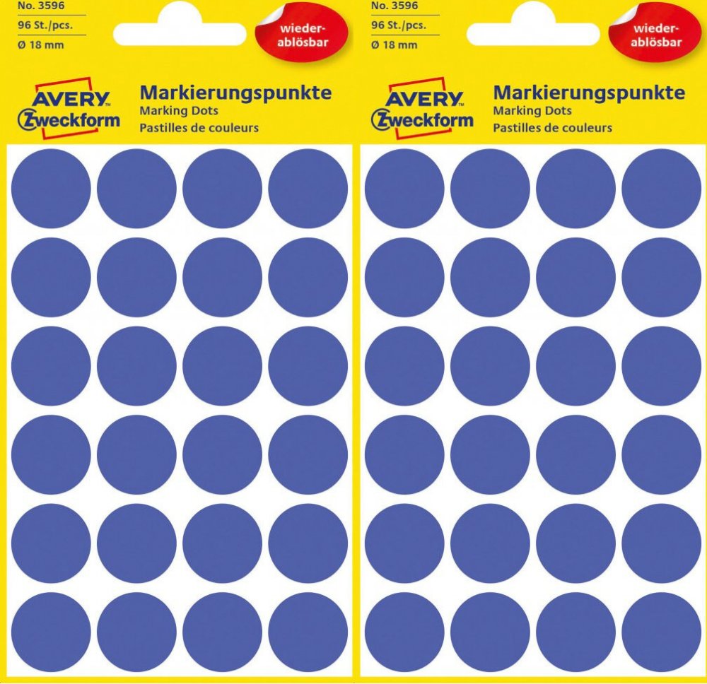 2x Etykiety usuwalne Avery Zweckform, okrągłe, średnica 18mm, 4 arkusze, 96 sztuk, niebieski