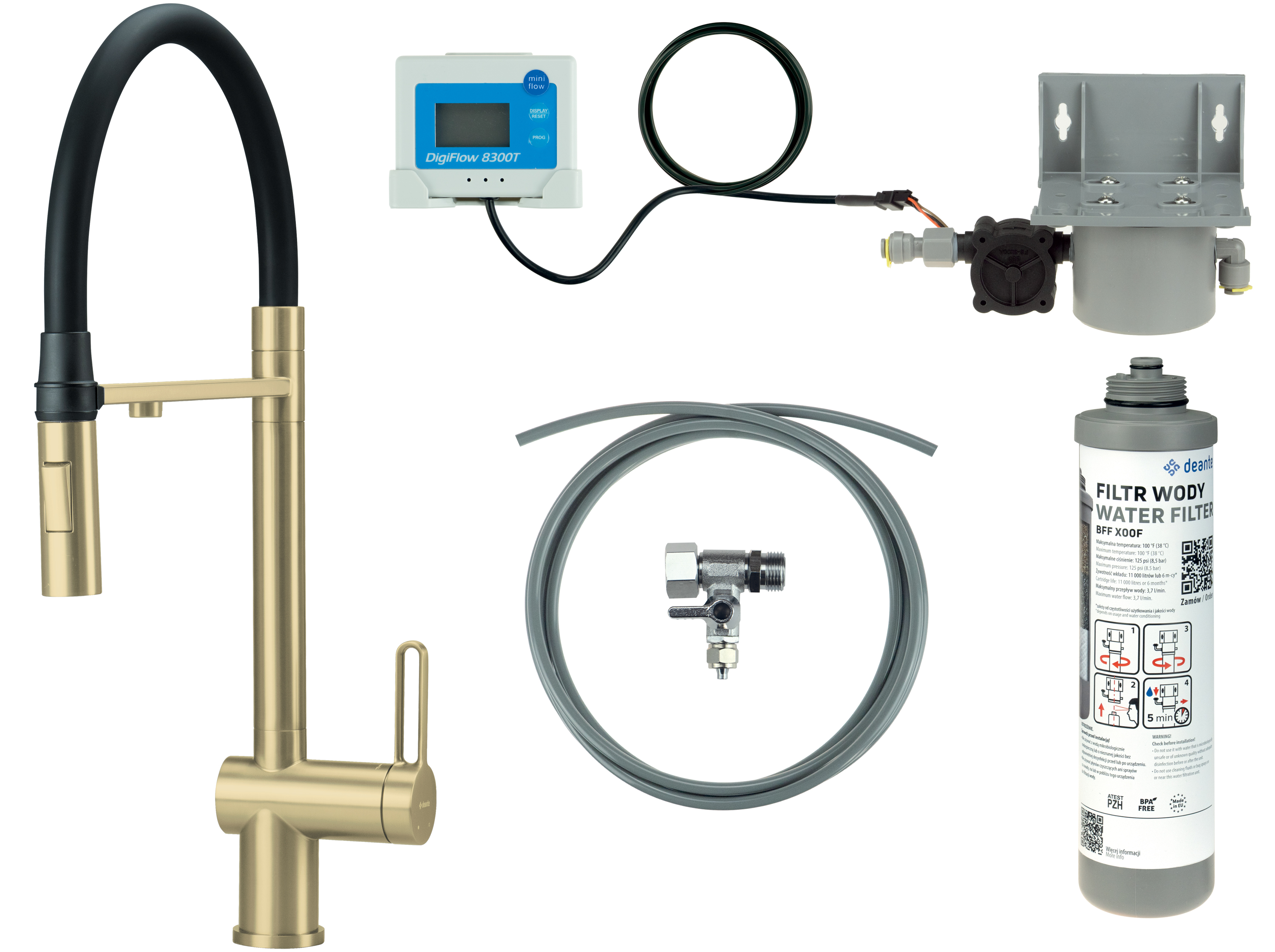 Deante Magnetic zestaw startowy z baterią kuchenną stojąca złoty szczotkowany BRMFR75M