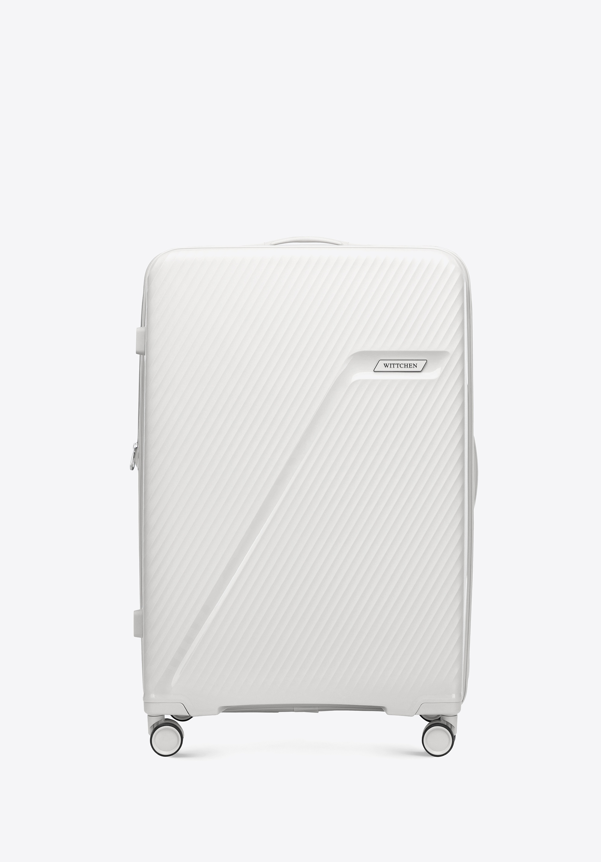 Duża walizka z polipropylenu w ukośne pasy biało - srebrna