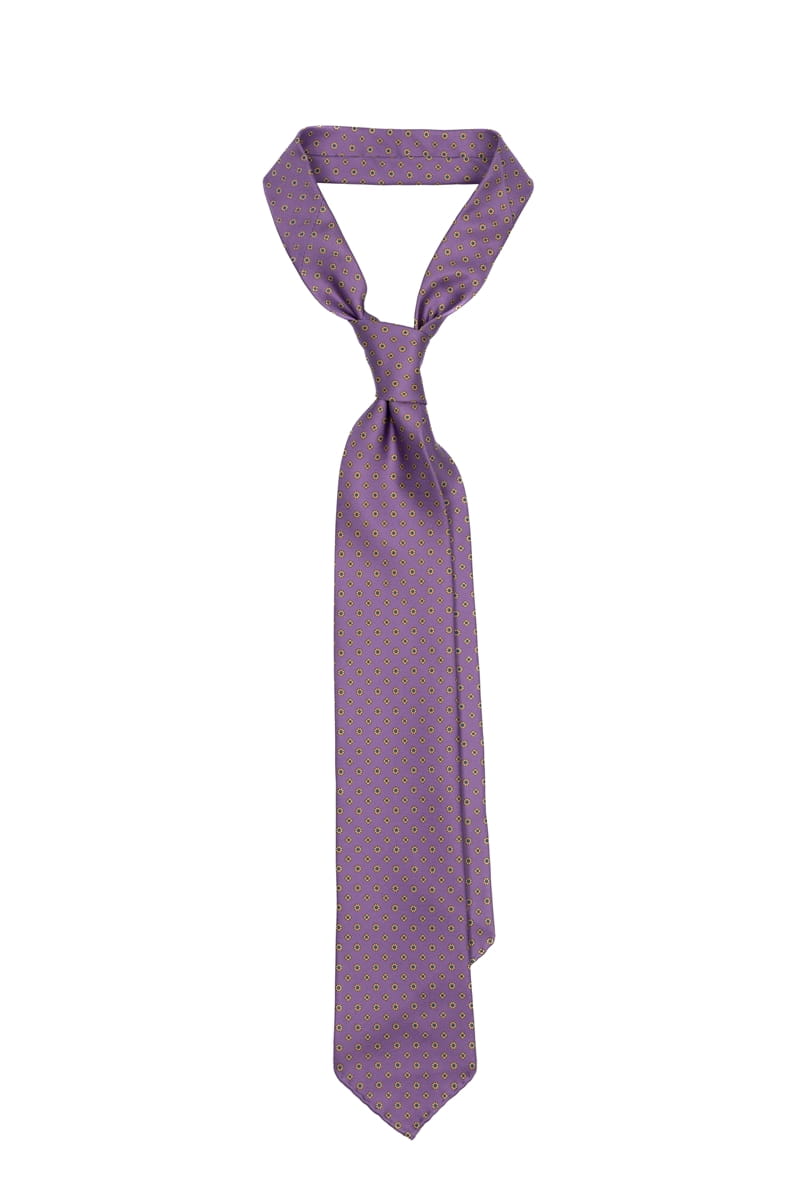 Krawat z jedwabiu, lawendowy z żółto-błękitnymi kwiatami