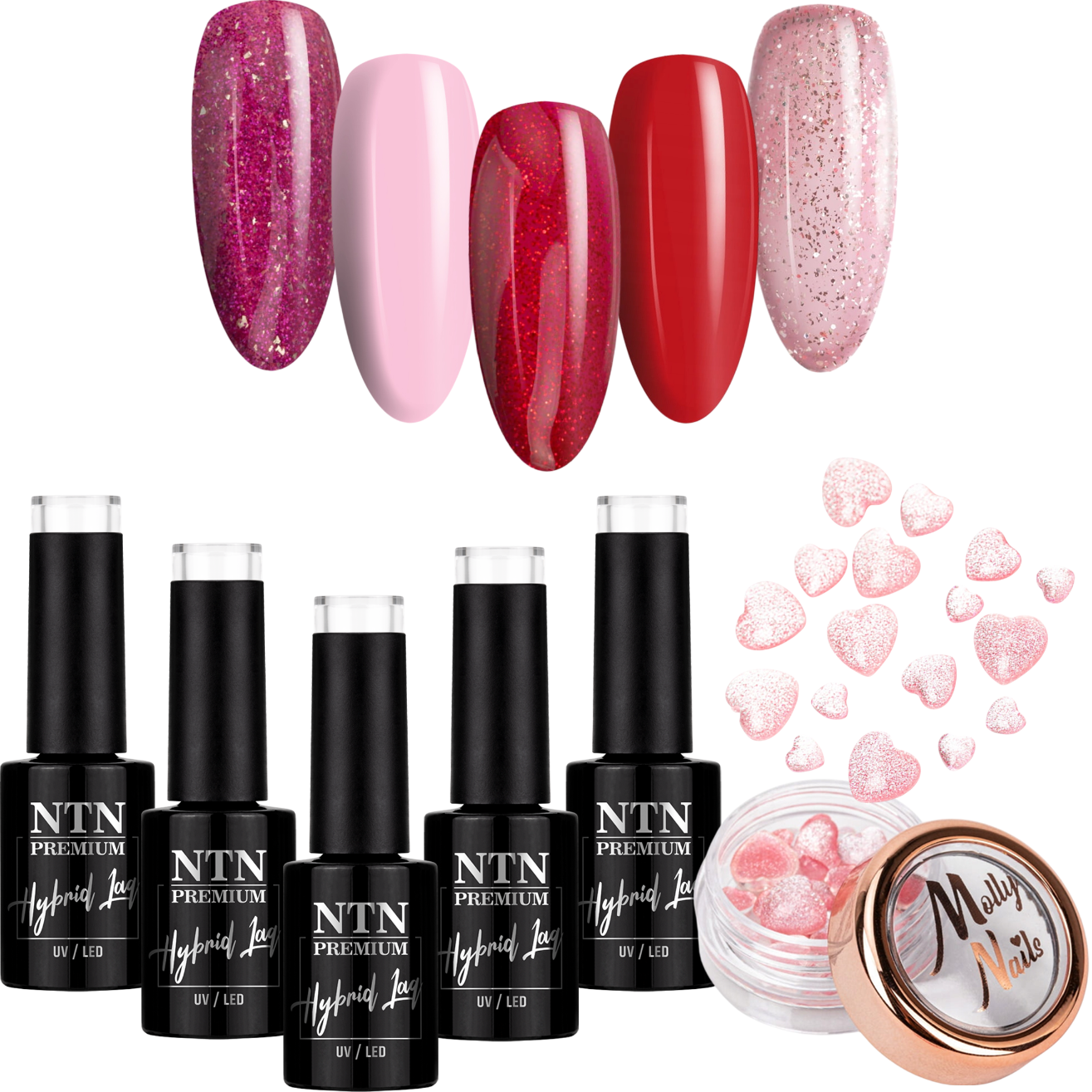 5x Lakier Hybrydowy NTN 5g Walentynkowy ZESTAW 5w1 + Ozdoby Serca