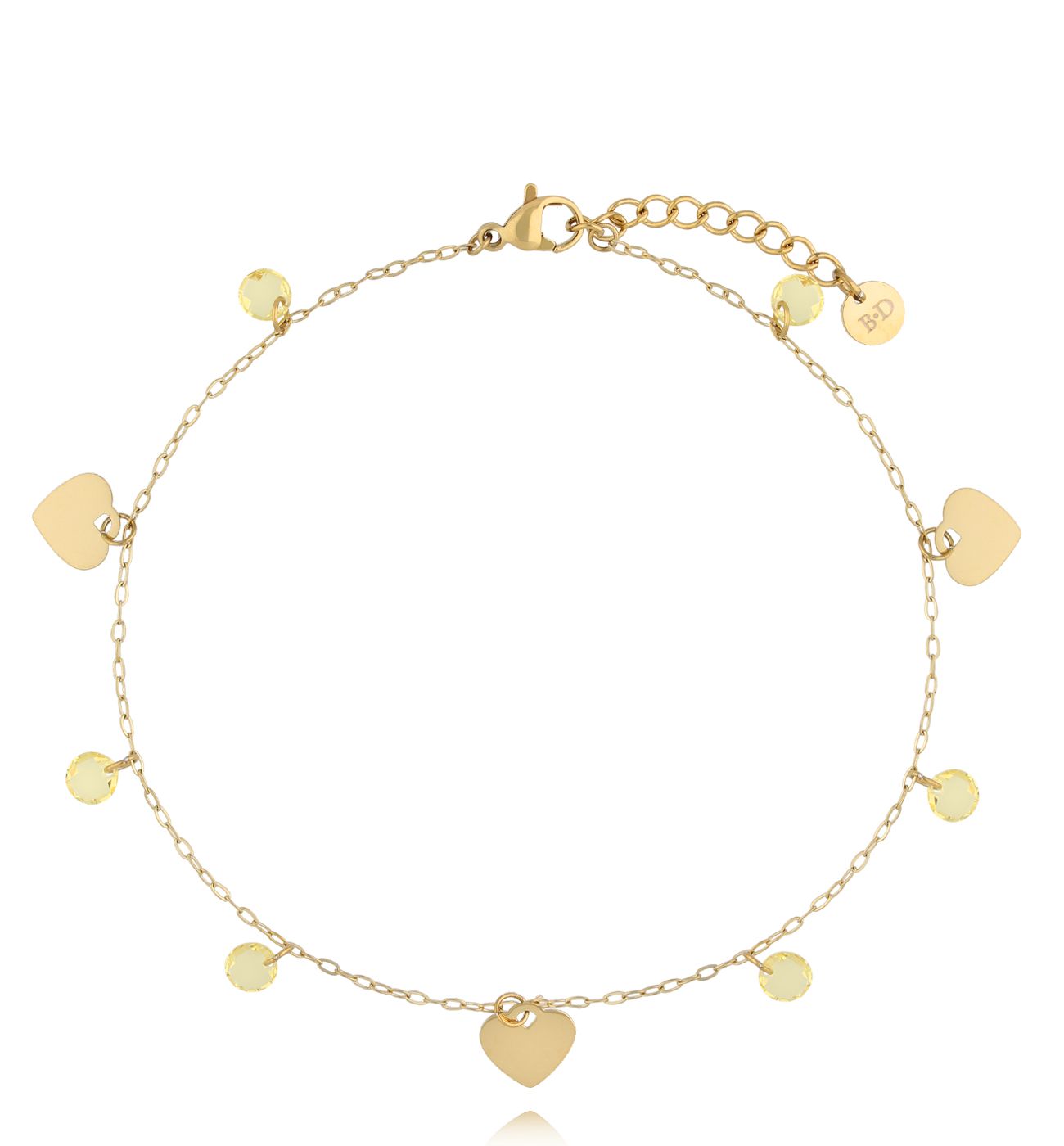 Bransoletka na nogę złota z kryształkami i serduszkami BNSY0044 - By Dziubeka