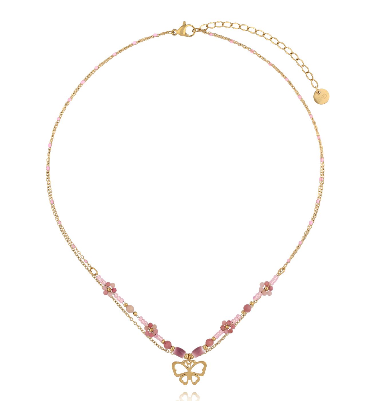 Naszyjnik z różowych koralików z zawieszką motyla NSY0736