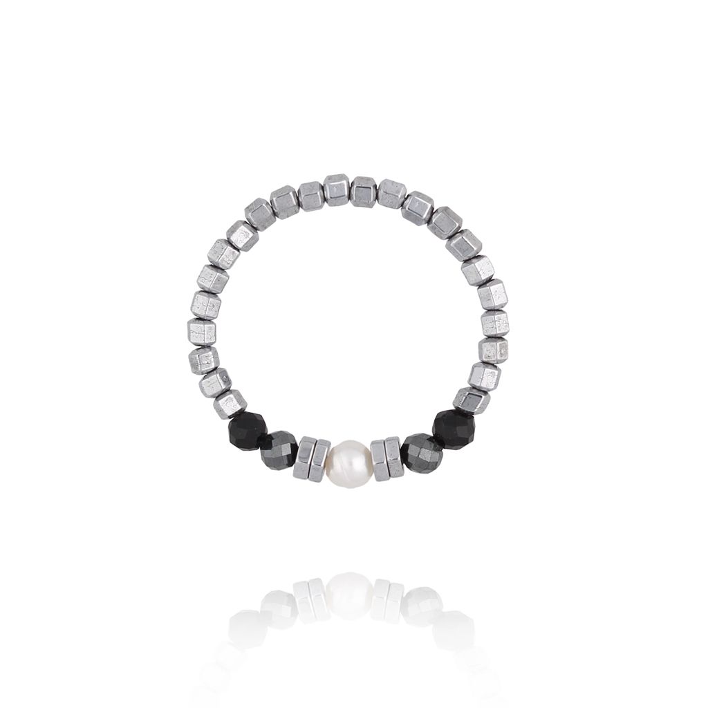 pierścionek z hematytu, czarnych kamieni i perły PTW0648