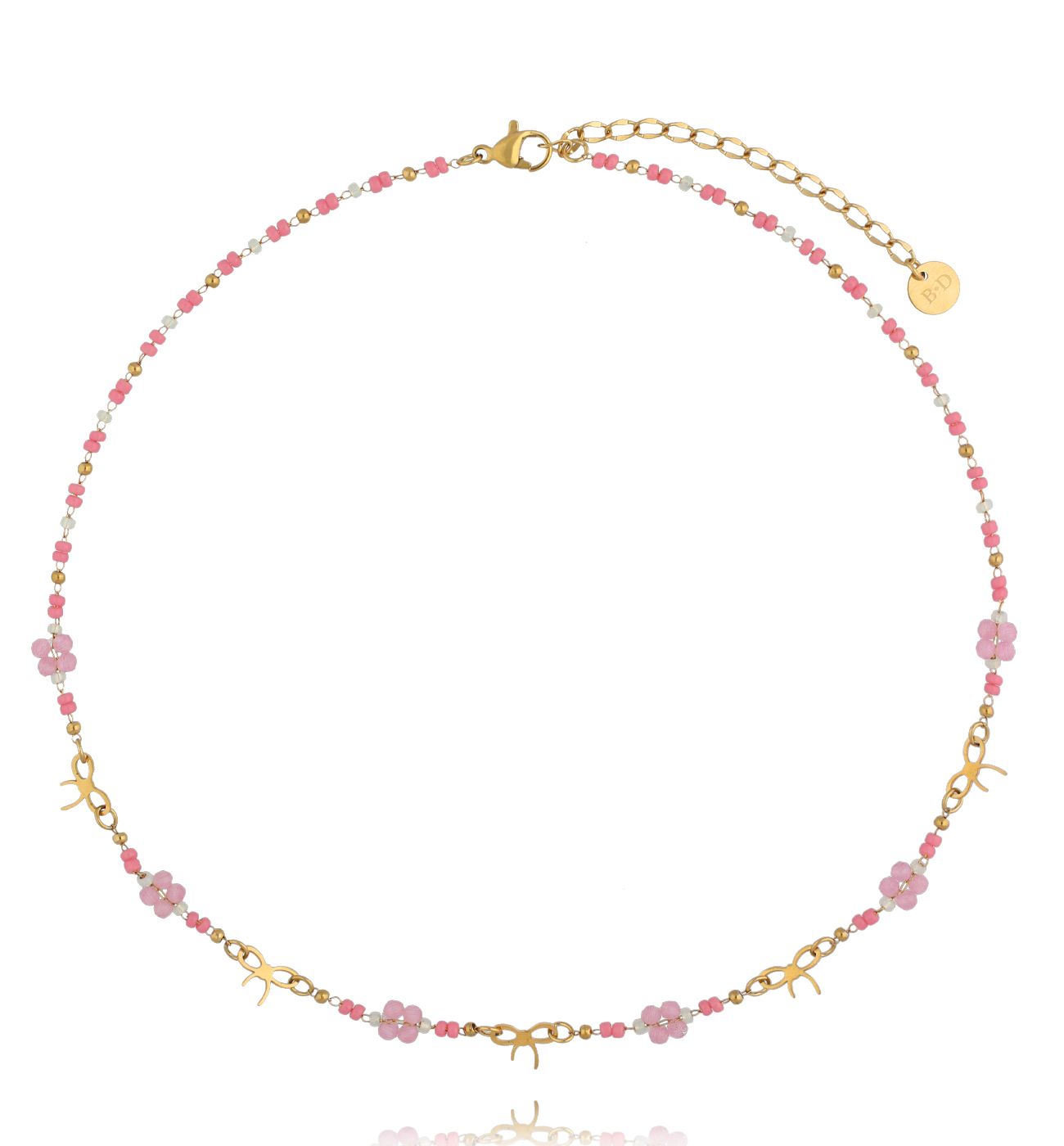 Naszyjnik z różowych koralików z kwiatkami NSY0826 - By Dziubeka
