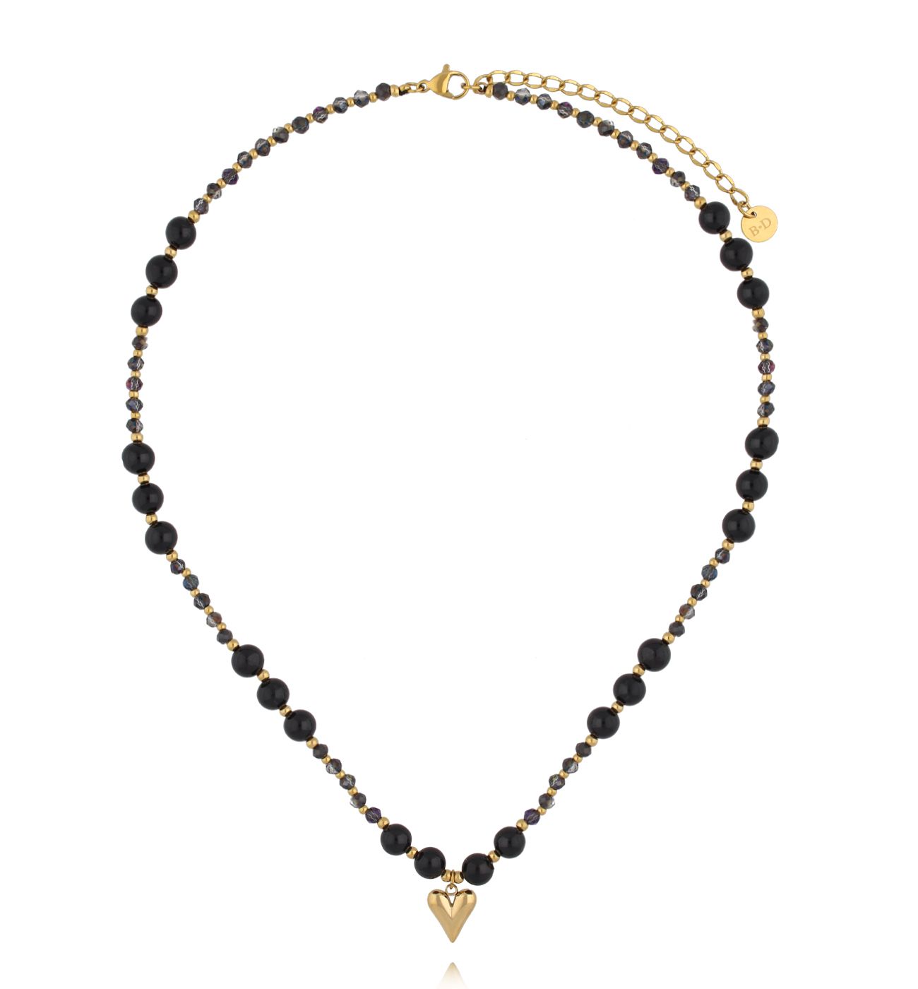 Naszyjnik z czarnego turmalinu i drobnych koralików z pozłacanym sercem - By Dziubeka