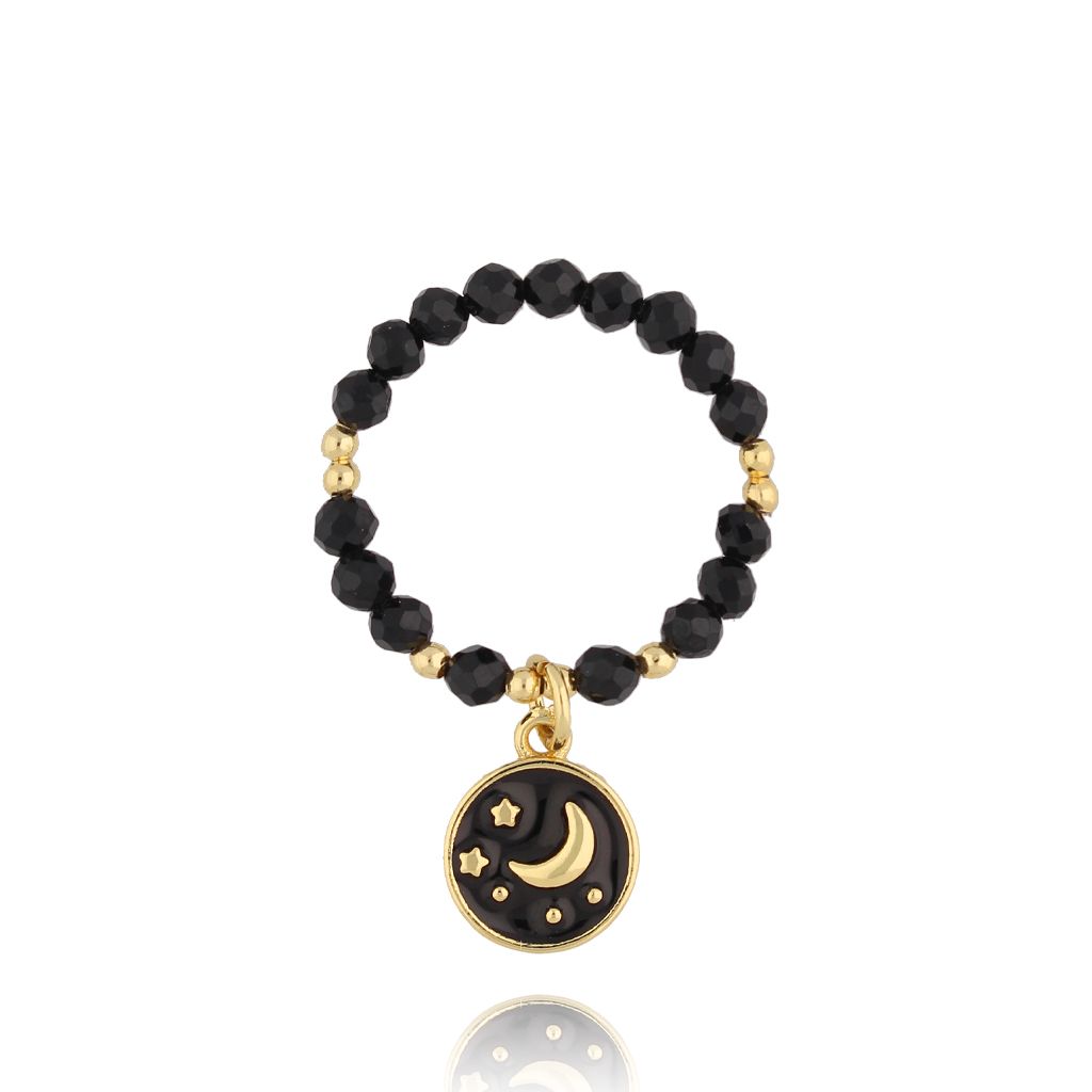 Pierścionek czarny z turmalinami i zawieszką z księżycem - By Dziubeka