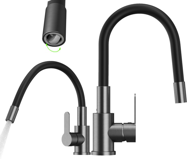 Bateria kuchenna Grado Plus Granitan z elastyczną wylewką gun grey obrotowy perlator