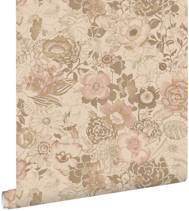 Tapeta ESTAhome zabytkowe kwiaty jasny brązIstarego różu 50 x 900 cm - 1 rol.