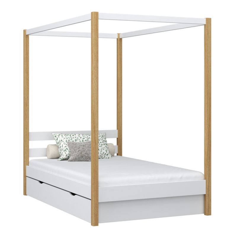 Drewniane łóżko N-WOOD pojedyncze z baldachimem i szufladą N01 biało dębowy 100x190 1szt.