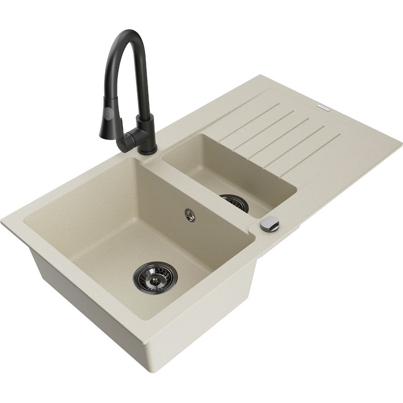 Zlewozmywak granitowy 1.5-komorowy Mexen Matias z ociekaczem i baterią kuchenną Elia biały - 6502-69-670101-00 1 szt.