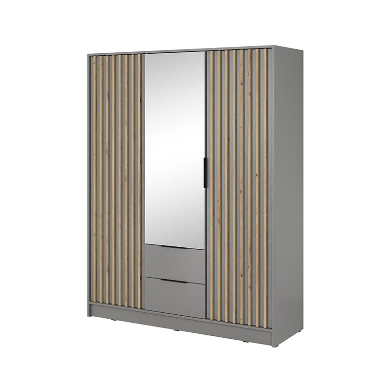 Szafa trzydrzwiowa z dwiema szufladami Bettso Nelly 3D z lamelami i lustrem szary 1szt.