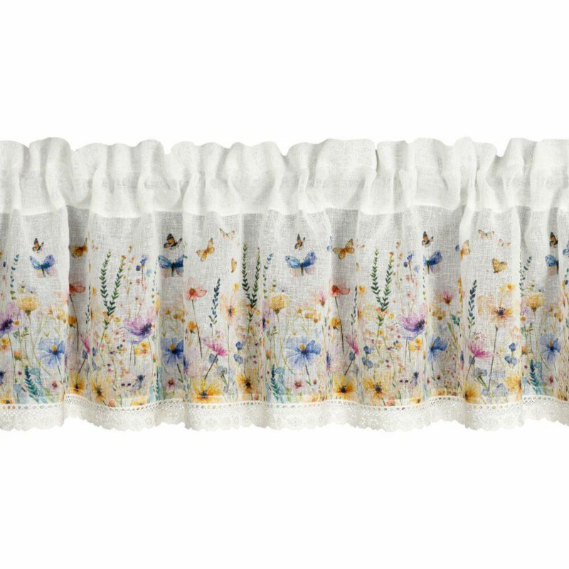 Zazdrostka ROZALIE Eurofirany 30 x 150 cm biała z etaminy zdobiona nadrukiem kwiatów i koronką szt. 1