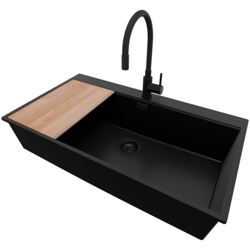 Zlewozmywak Granitowy Oslo PRIMAGRAN Nablatowy 88x50cm do szafki od 90cm, Cały Czarny + Bateria + Syfon + Deska, S732, 1 szt.