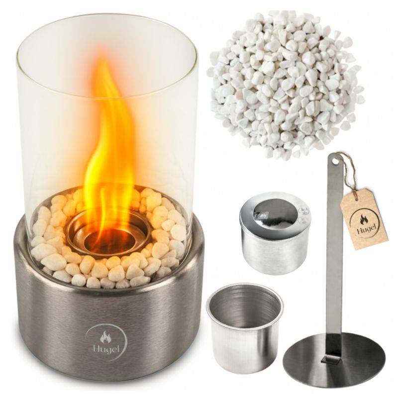 Biokominek Wolnostojący Zolta Fiamma Sereno Stalowy Srebrny Szkło Hartowane Kamienie Dekoracyjne 1 Szt.