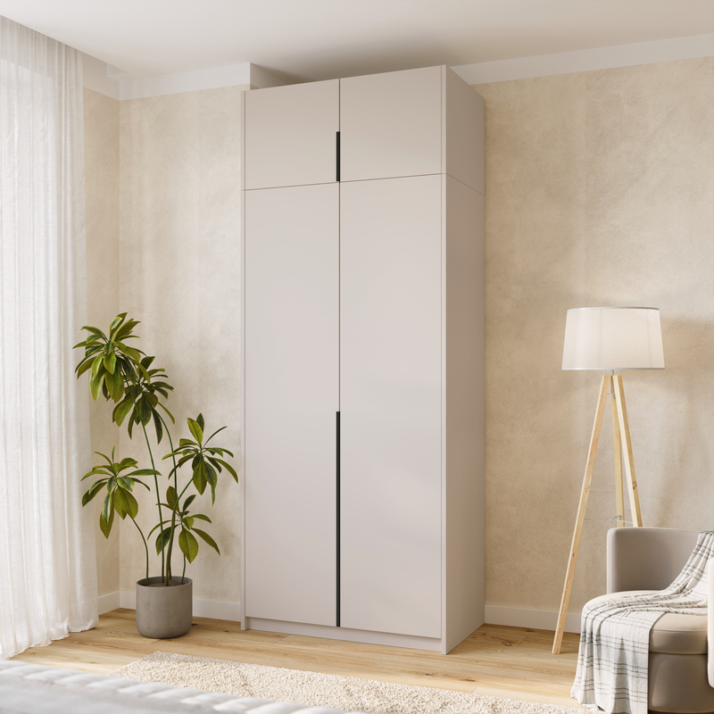 Kaszmirowa wysoka szafa uchylna z drążkiem i półkami 100 cm ASAN