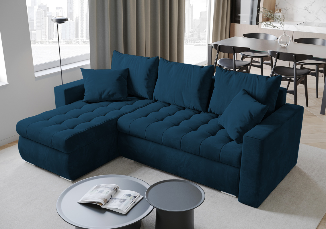 Granatowy narożnik do salonu z funkcją spania welurowy LUIS