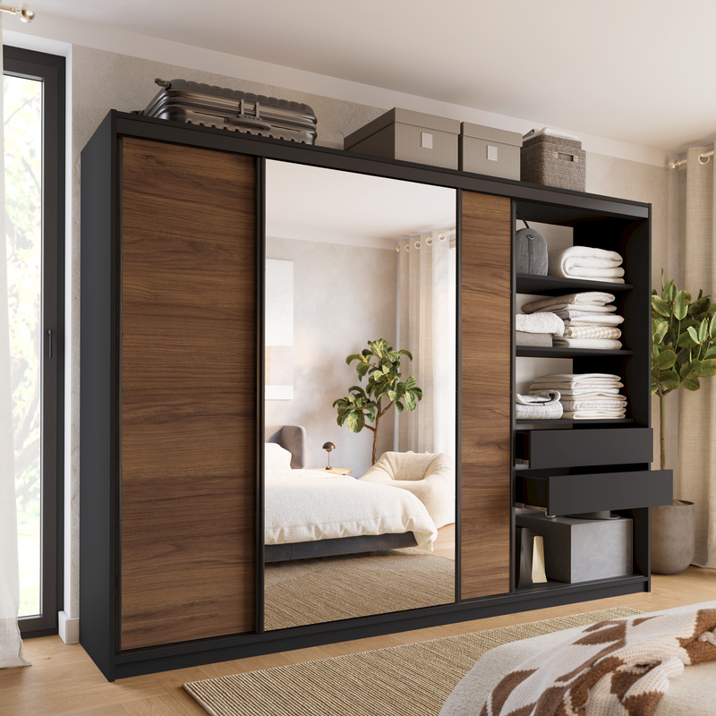 Szafa przesuwna z lustrem 280 cm do sypialni LOFT orzech