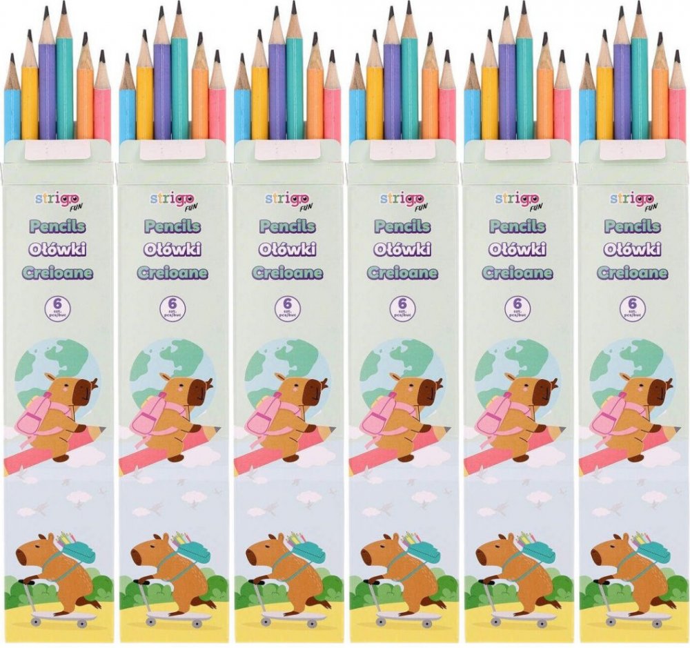 6x Ołówek Strigo Capybara, HB, z gumką, 6 sztuk, mix kolorów pastelowych