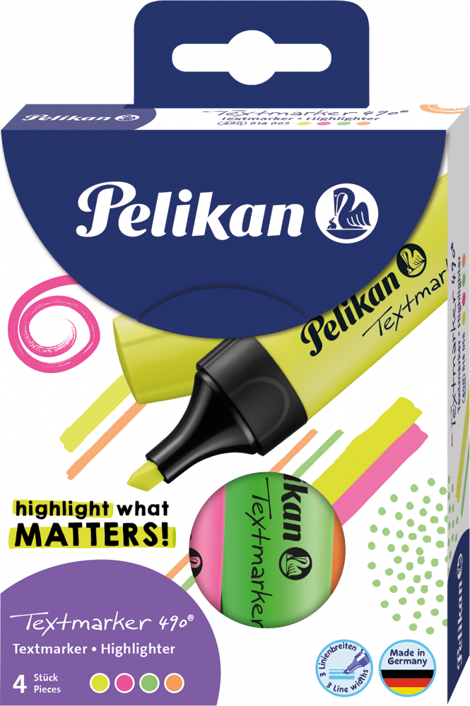 Zakreślacz Pelikan 490, ścięta, 4 sztuki, mix kolorów