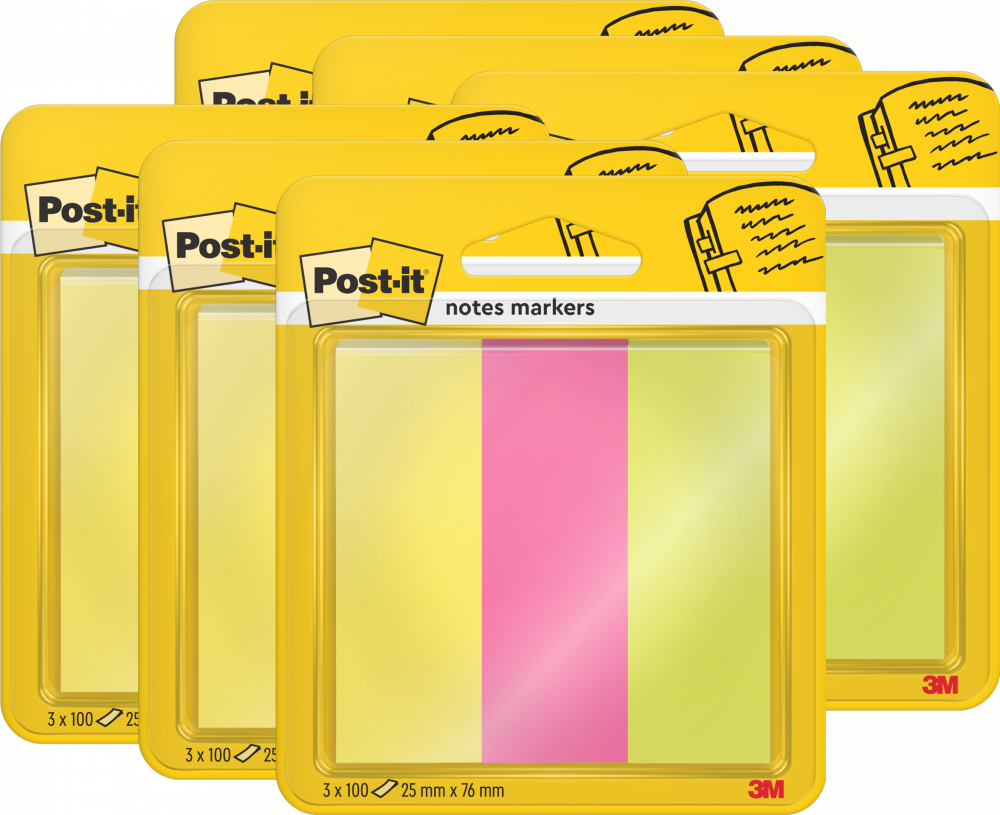 6x Zakładki samoprzylepne Post-It proste, indeksujące, 25x76mm, 3x100 sztuk, mix kolorów neonowych