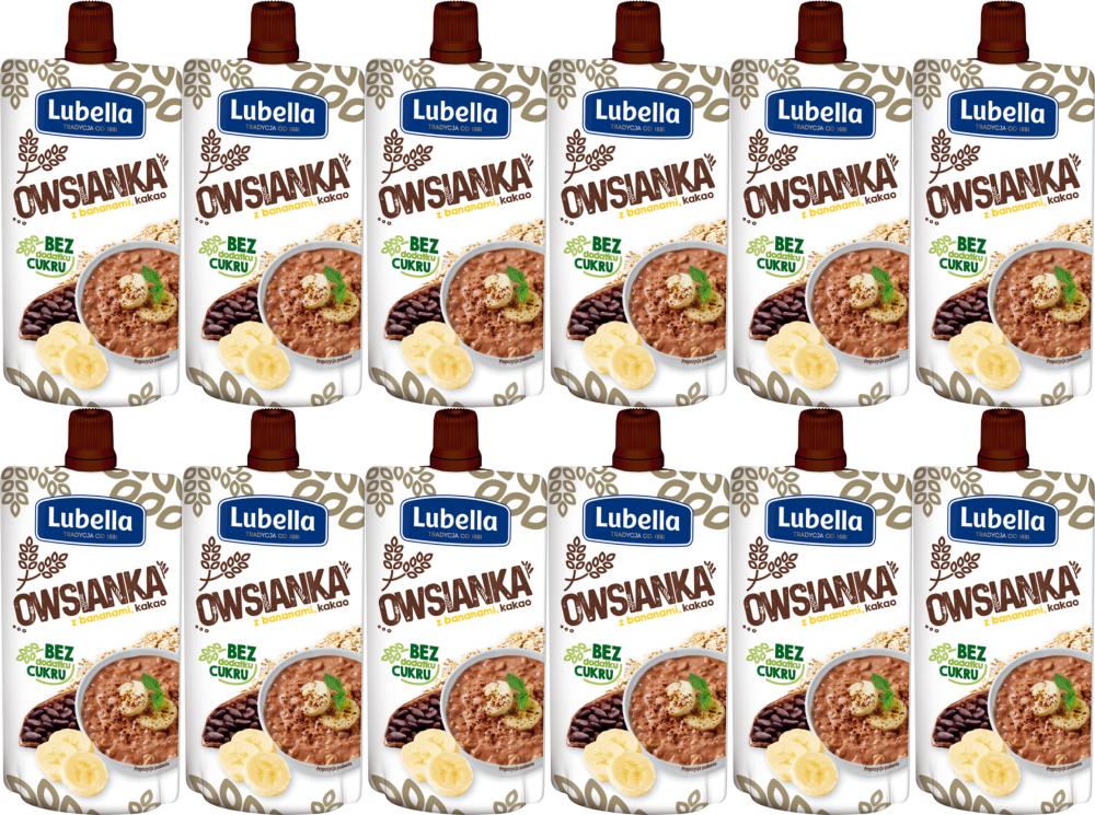 12x Mus owsianka Lubella, banan, kakao, bez cukru, 100g