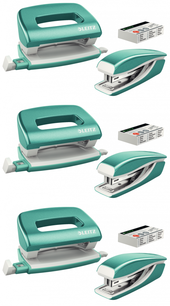 3x Zestaw zszywacz i dziurkacz Leitz Mini NeXXt Wow, metalowy, turkusowy