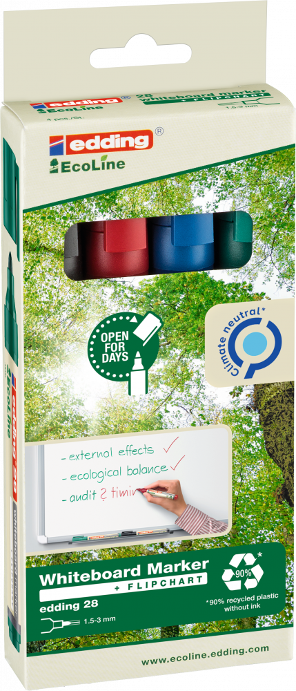 Marker suchościeralny edding 28 EcoLine, okrągła, 1.5-3mm, 4 sztuki, mix kolorów