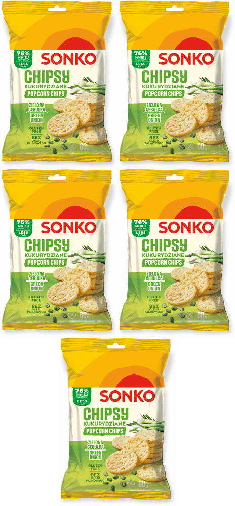 5x Chipsy kukurydziane Sonko, zielona cebulka, 60g