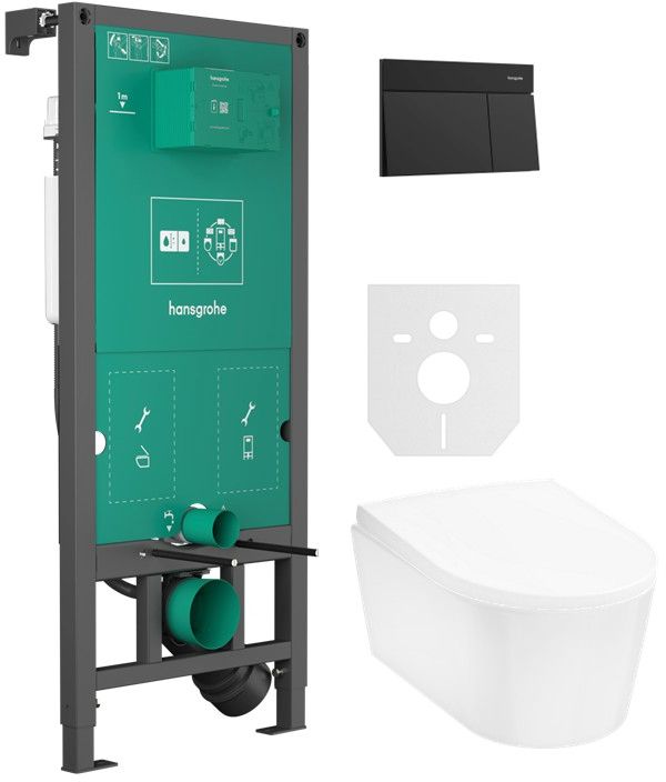 Zestaw Hansgrohe EluPura S miska WC z deską wolnoopadającą wisząca biała i stelaż z przyciskiem czarny (01022180, 66003670, 60193450, ...