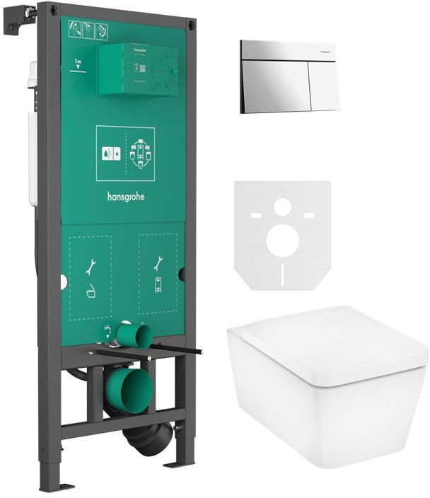 Zestaw Hansgrohe EluPura Q miska WC z deską wolnoopadającą wisząca biała i stelaż z przyciskiem chrom połyk (01022180, 66003000, ...